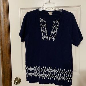 J Crew Navy Blue White Embroidered Cotton Top Sz. Small